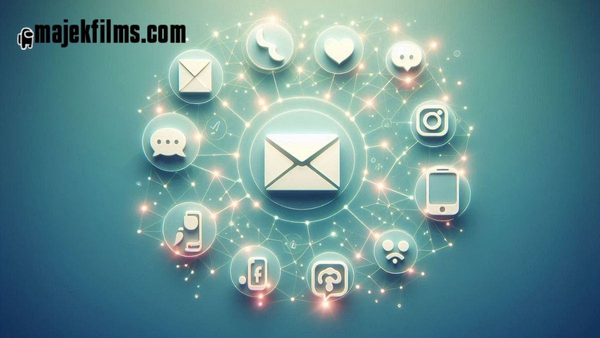 Modern graphic symbolizing easy ways to connect with Majekfilms.com via email, phone, and social media.