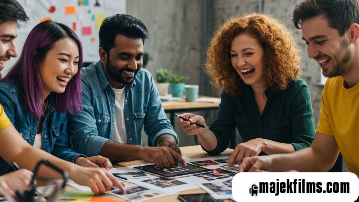 A diverse group of people collaborating on a creative project, utilizing images from a free stock photo website.