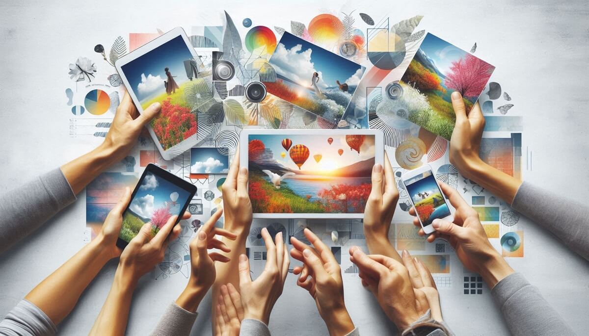 Diverse hands holding digital devices displaying vibrant images, representing seamless access to visual content on Majekfilms.com.