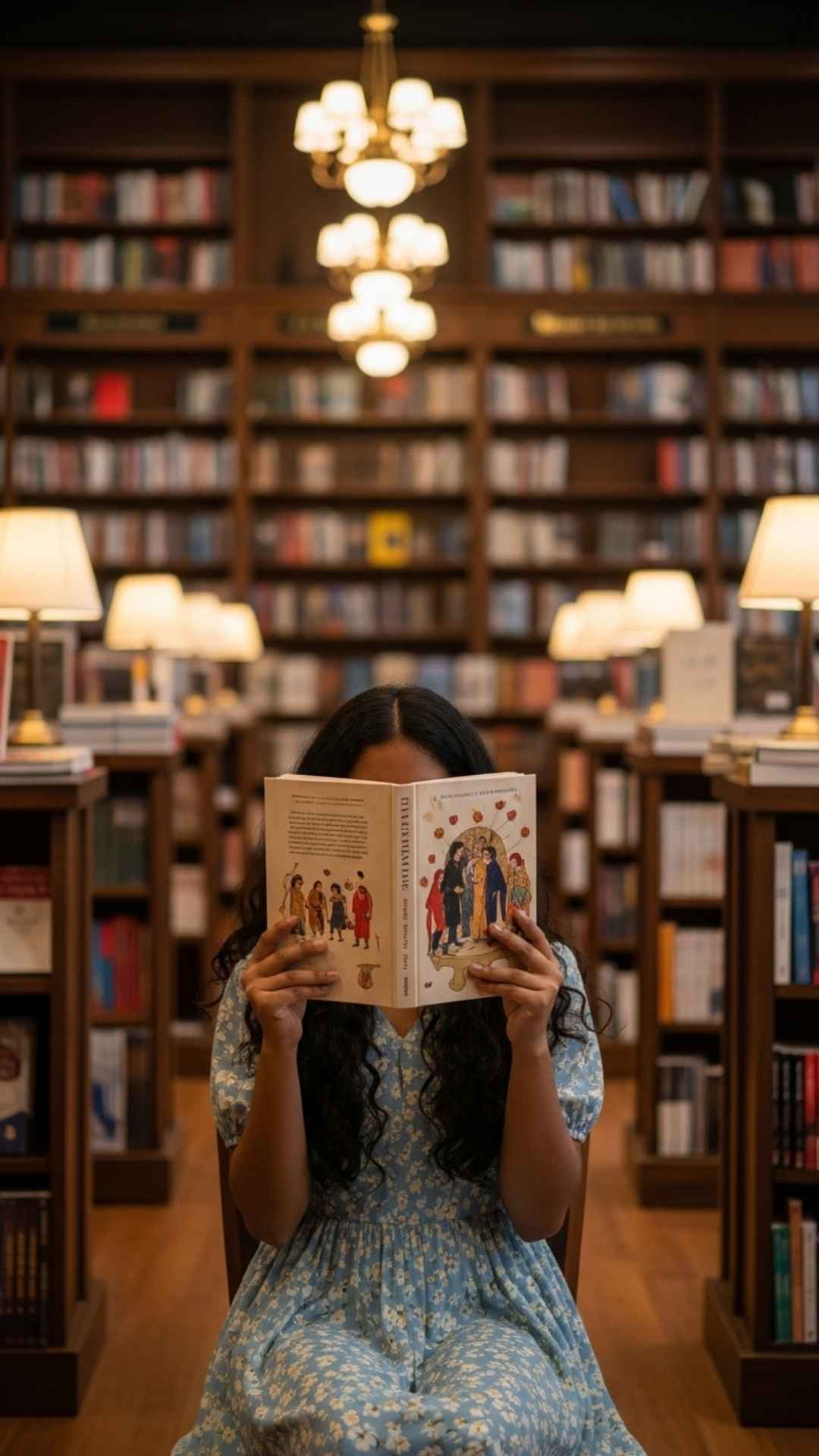 Aesthetic hidden face WhatsApp DP for girls, intellectual obscured face profile picture, artistic library DP, scholarly hidden face image.