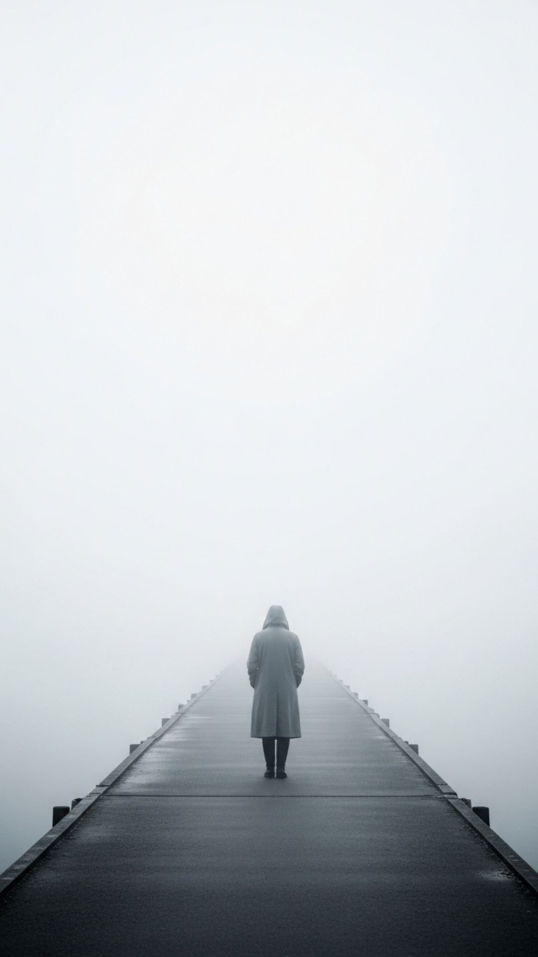 A lone figure walking away on a foggy pier, a deeply evocative and anonymous Sad DP for expressing solitude - Alone Sad Girl/Boy DP | Majekfilms.com
