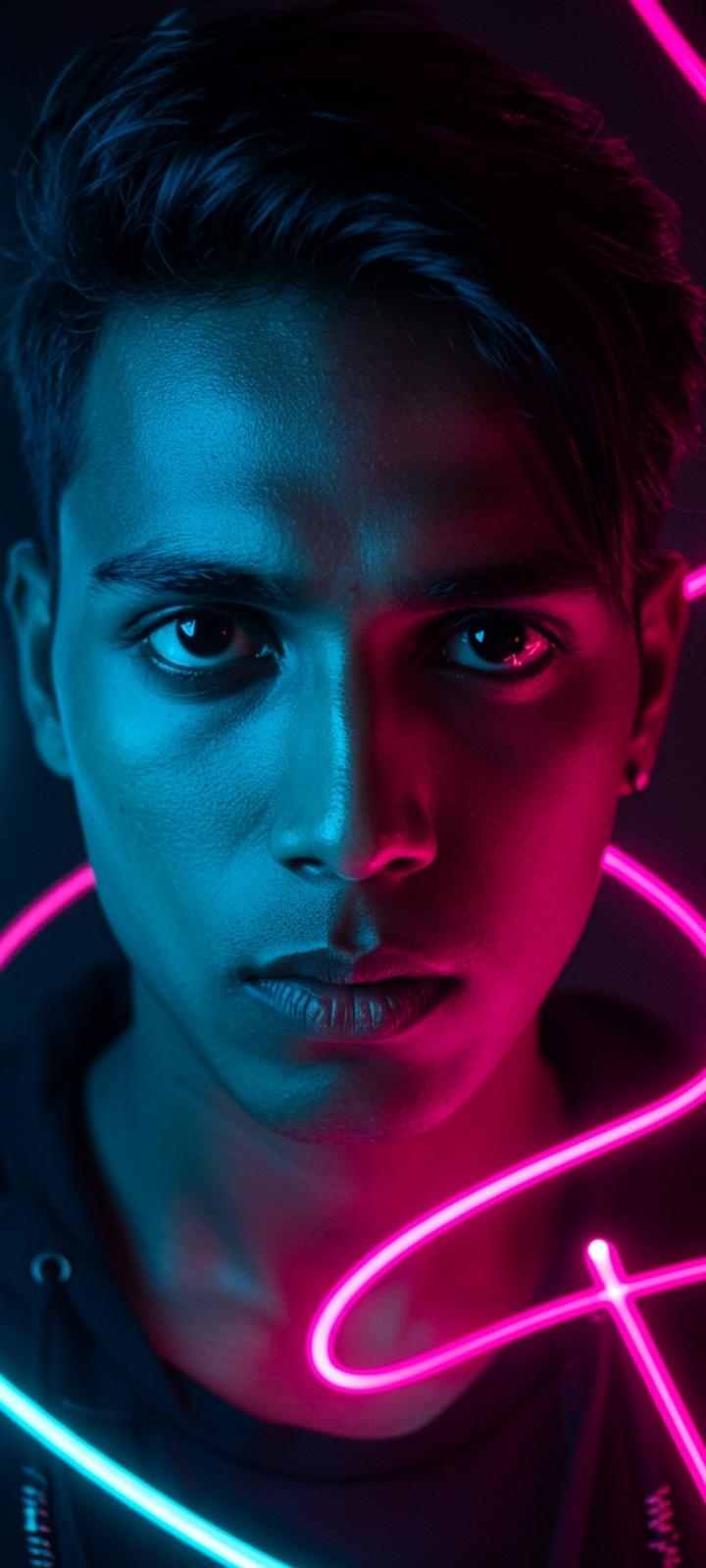 Intense attitude DP with a direct gaze and abstract neon lights.
