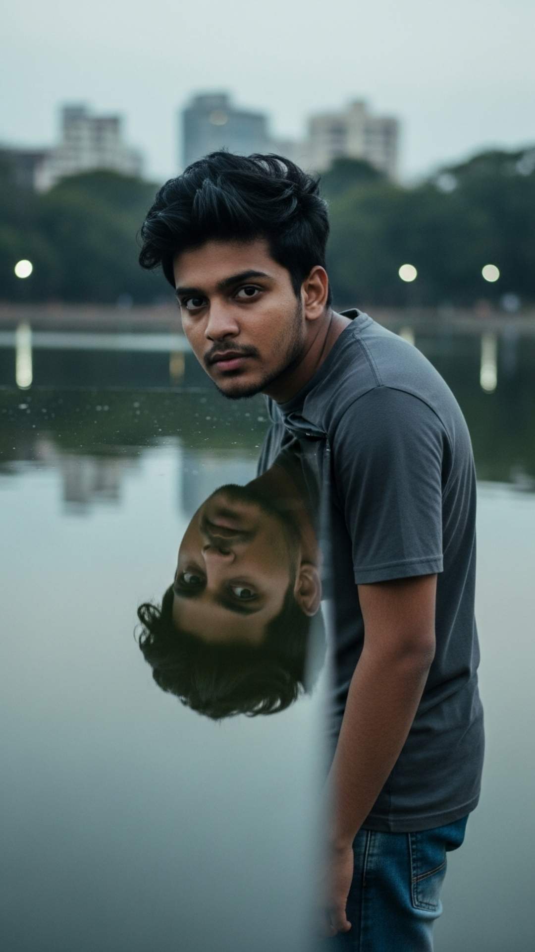 Mysterious reflection of a person on a wet surface, a deep and unique attitude WhatsApp DP.