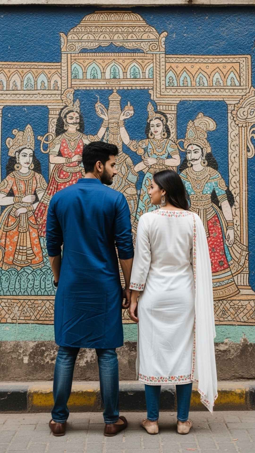 Attitude Indian couple backs to camera, street art mural.