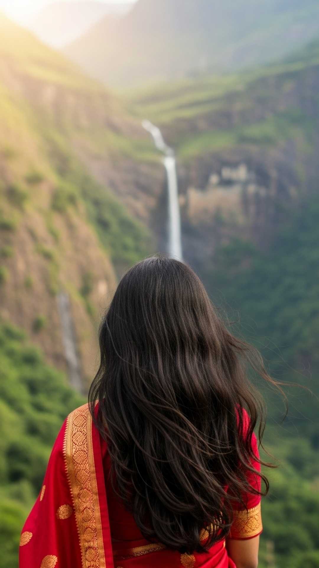 Beautiful hidden face WhatsApp DP for girls back view, flowing hair profile picture, serene obscured face DP, girl in wind image.