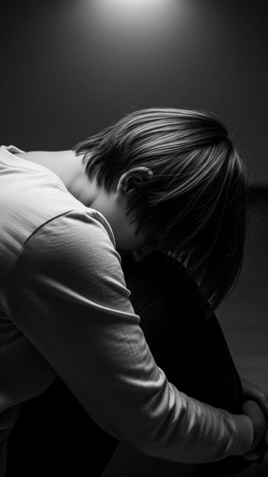 A black and white artistic photo of a person with their head bowed in an empty room, a powerful DP for expressing sadness - Broken Heart DP Images | Majekfilms.com