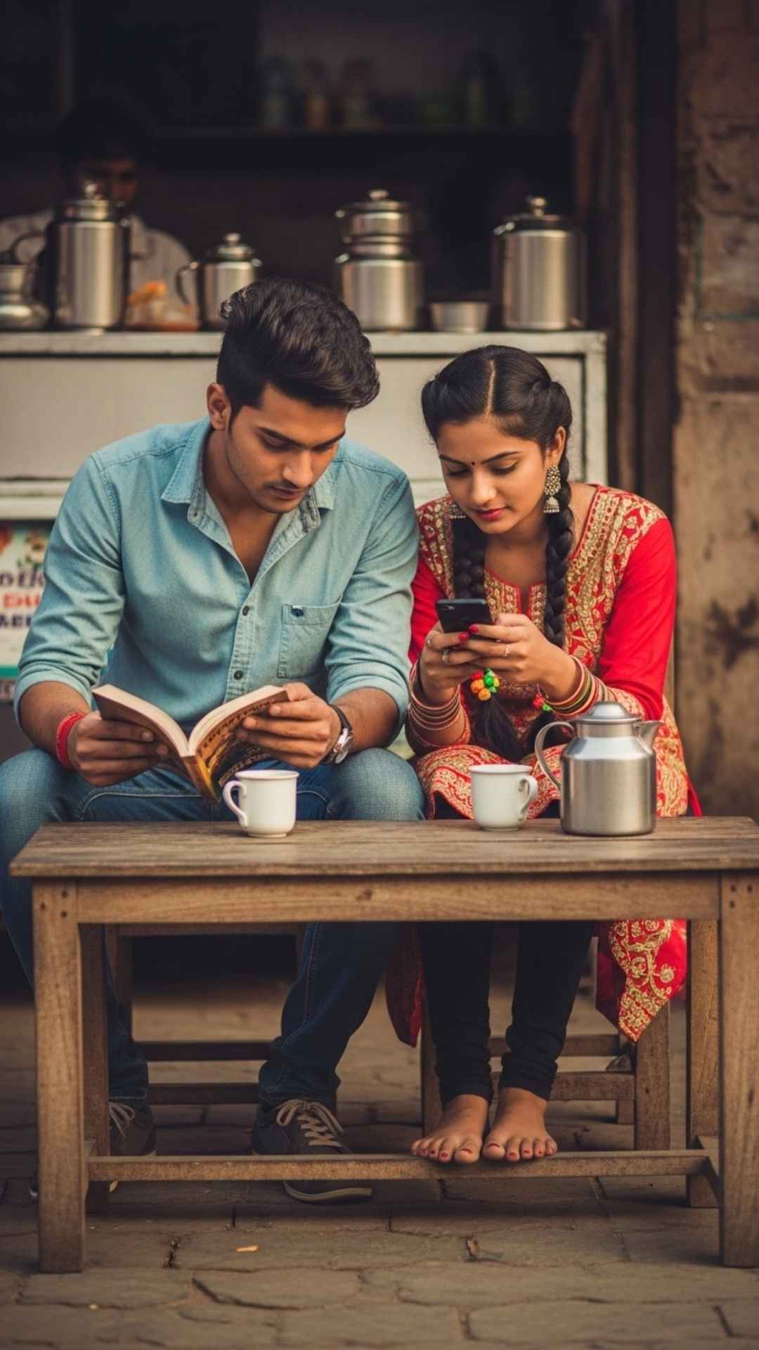 Connected Indian couple DP in dhaba, subtle interaction.