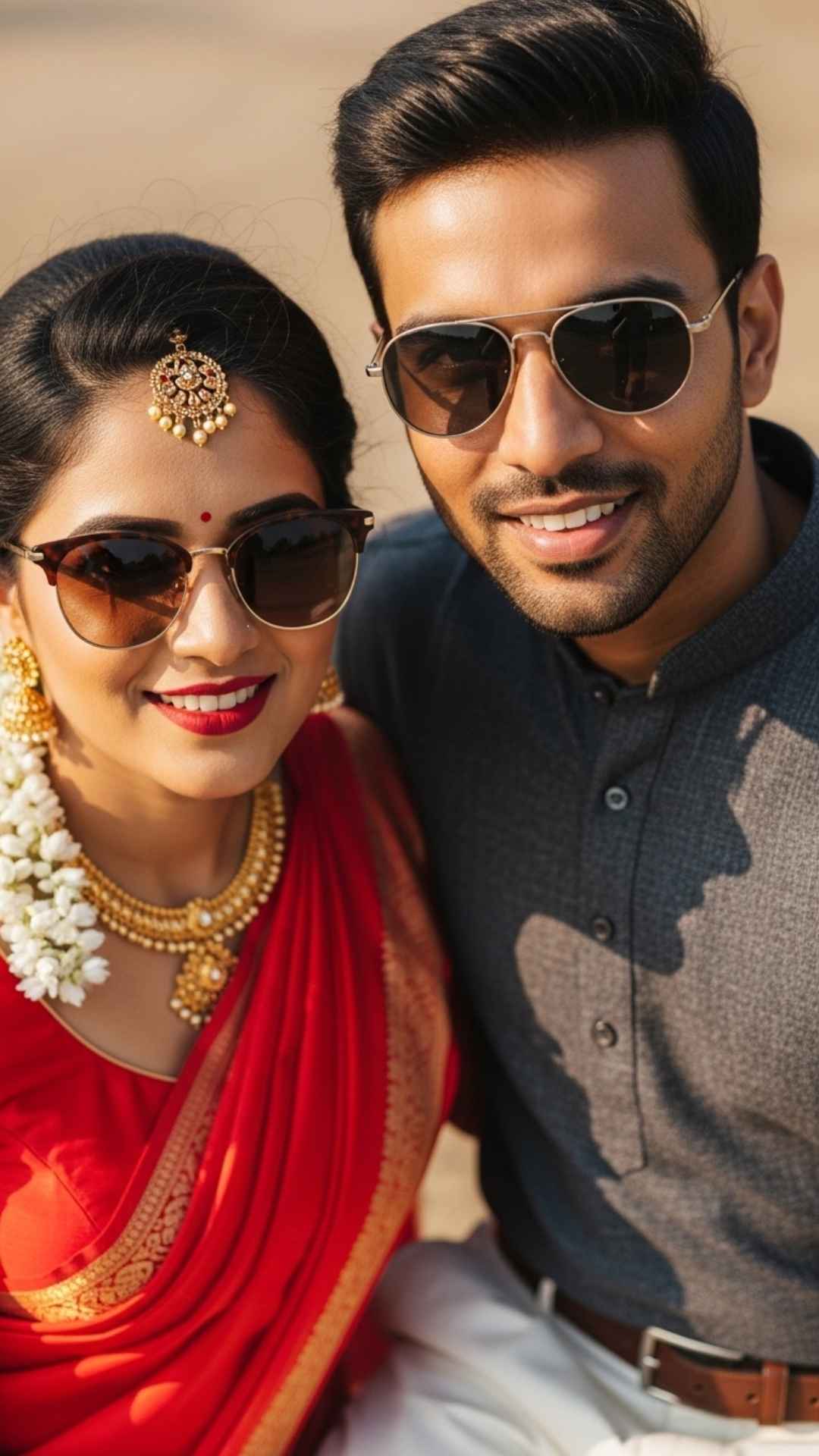 Stylish Indian couple wearing sunglasses with confident expressions.