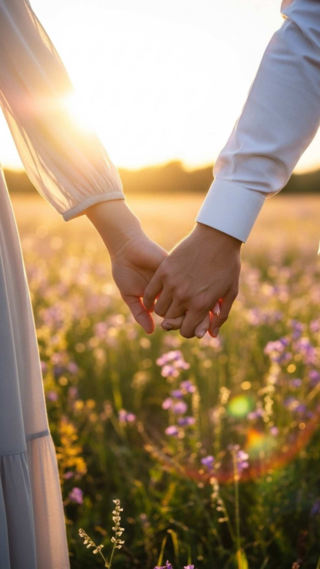 A close-up of a couple holding hands in a wildflower field at sunset, a beautiful and romantic Love DP - Cute Couple DP for WhatsApp | Majekfilms.com