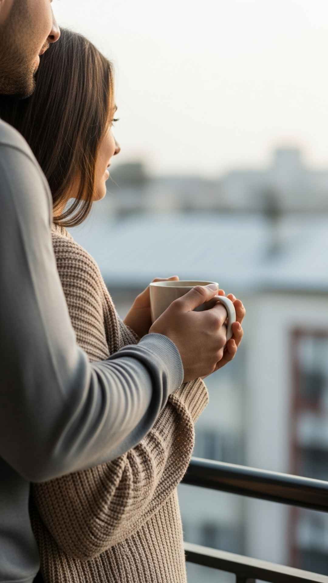 A couple sharing a warm hug from behind on a balcony in the morning, a cozy and natural Love DP image - Couple DP Images | Majekfilms.com