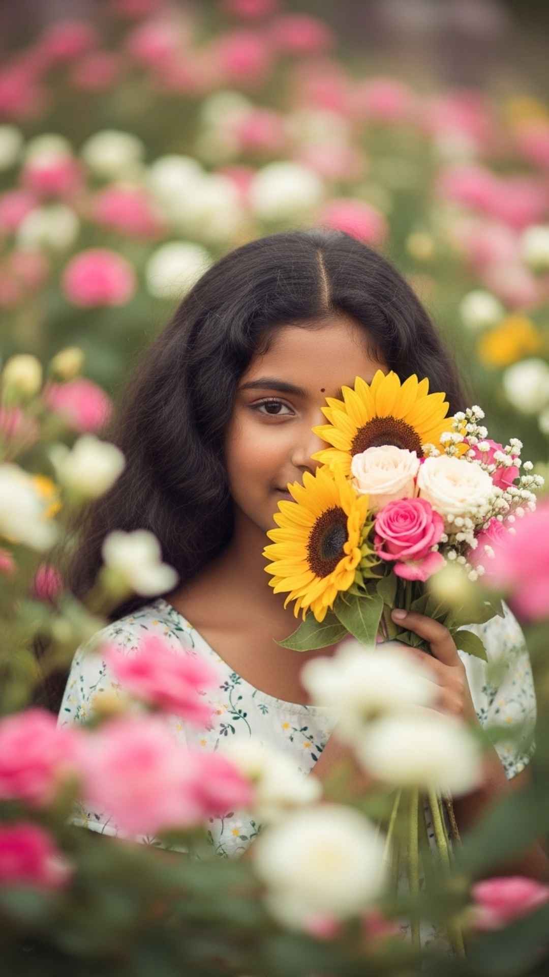 Cute hidden face WhatsApp DP for girls, adorable obscured face profile picture, sweet floral hidden face DP, innocent girl image.