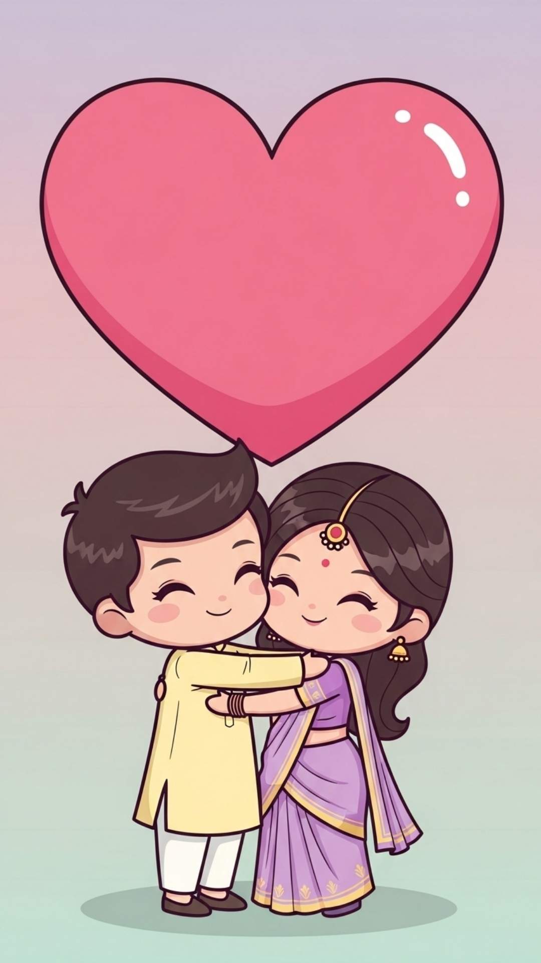 Chibi cartoon Indian couple hugging, traditional attire.