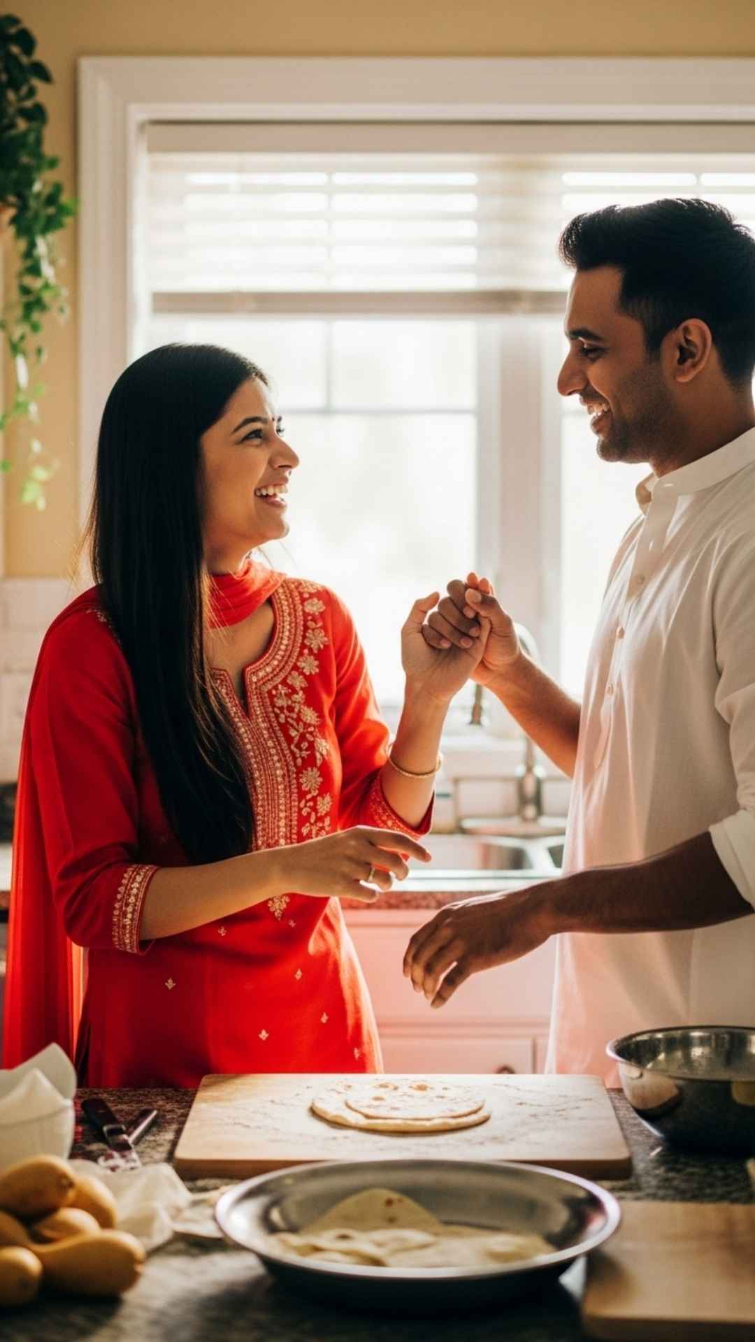 Happy Indian couple laughing while cooking traditional meal.