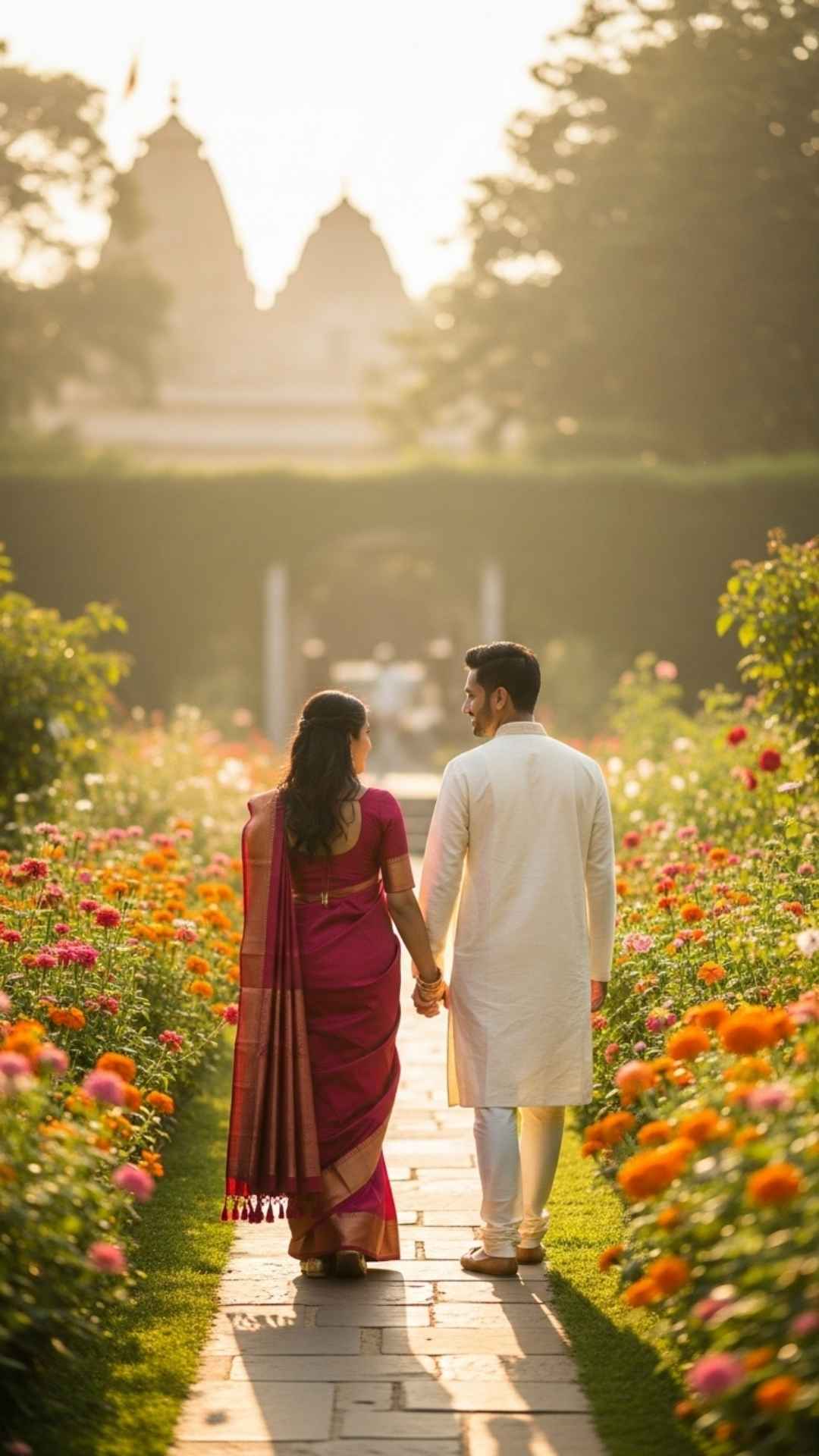 Cute Indian couple holding hands in garden, traditional architecture.