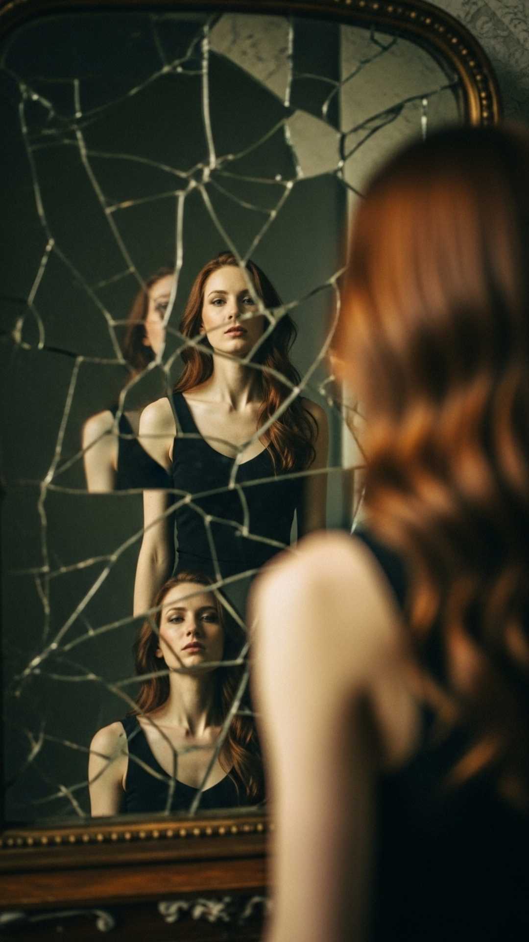 Distorted reflection of a figure on a rippled surface, symbolizing a lost sense of self, emotional turmoil, or inner struggle.