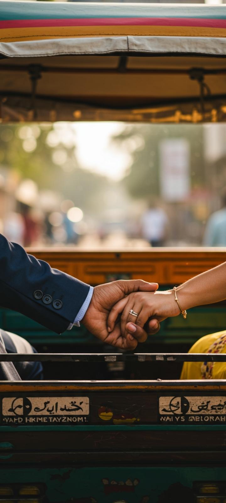 Couple DP showing hands holding during a rickshaw ride in India.