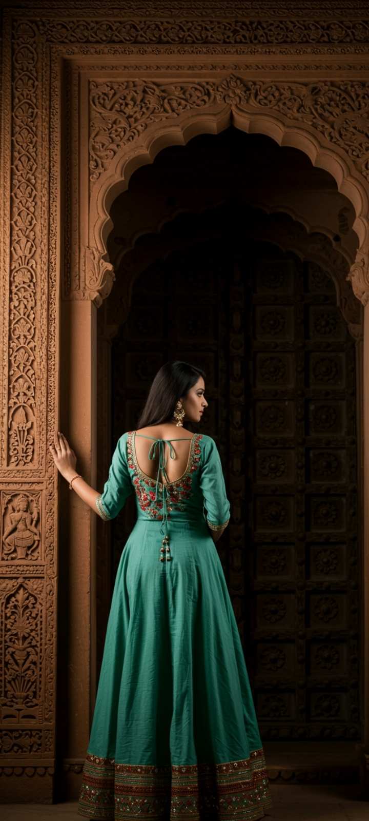 Elegant DP for girls, back view in traditional Indian setting.