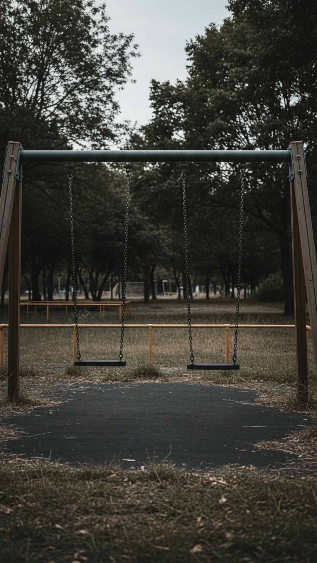 Empty and desolate swing set in a quiet park, symbolizing lost innocence, loneliness, and nostalgic sadness.
