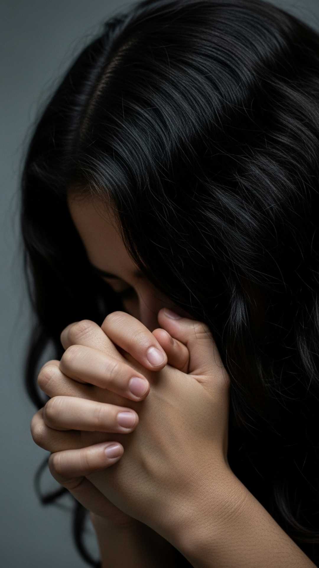 Close-up of hands clasped together with a bowed head, conveying silent sorrow, despair, and emotional pain.