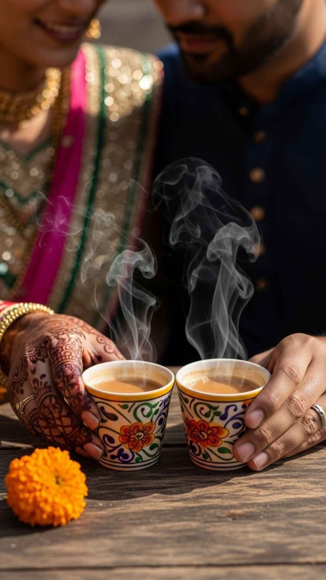 Indian couple's hands touching over chai cups with marigold.