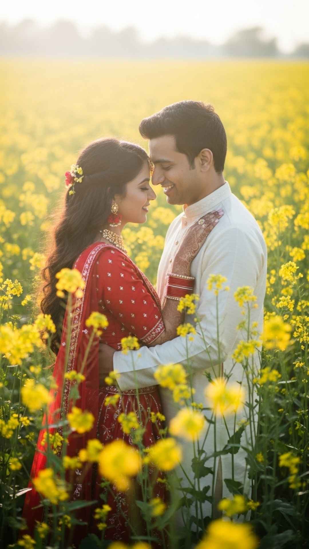 Romantic Indian couple embracing in mustard field.