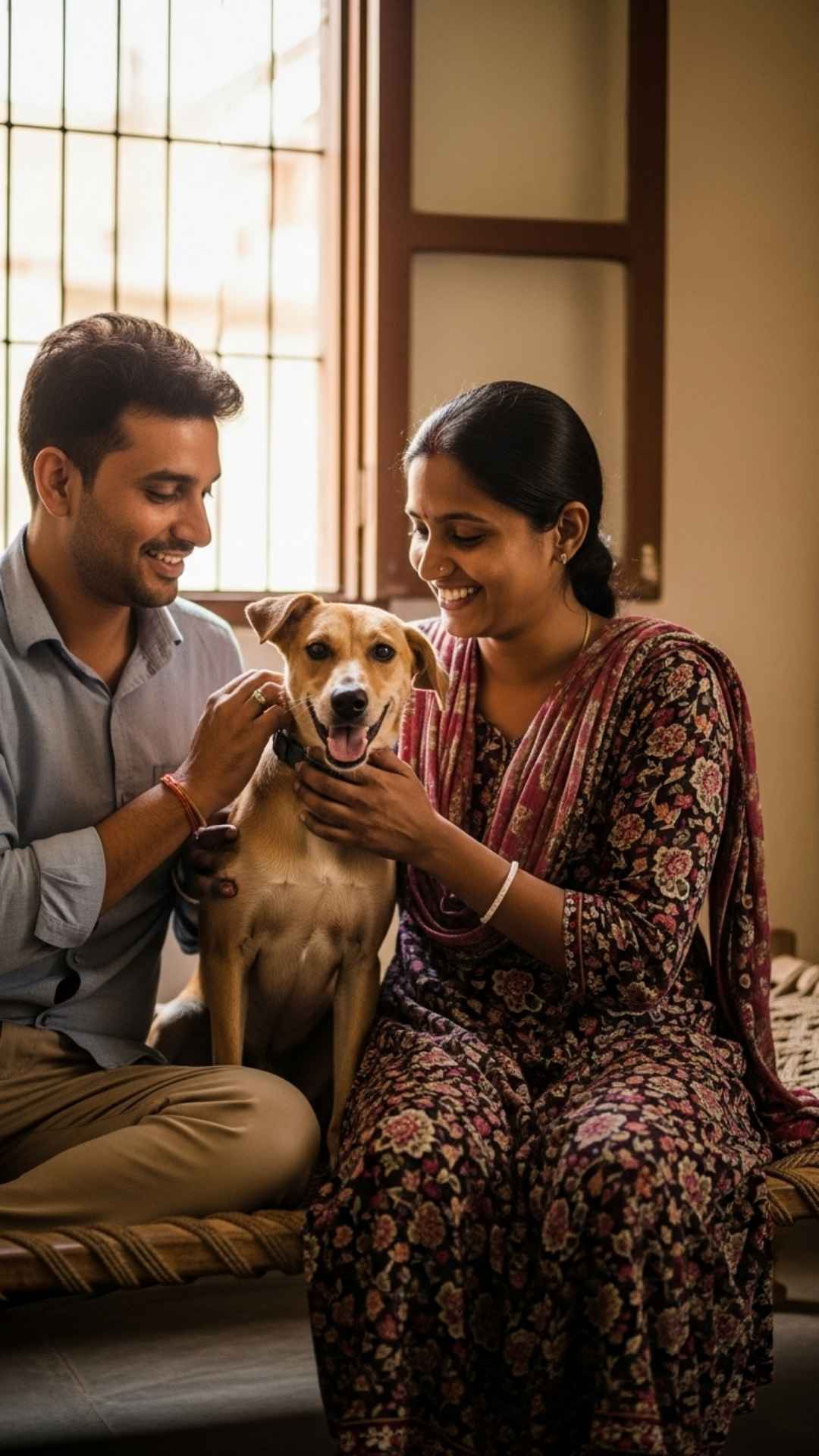 Indian couple cuddling pet dog on charpai.