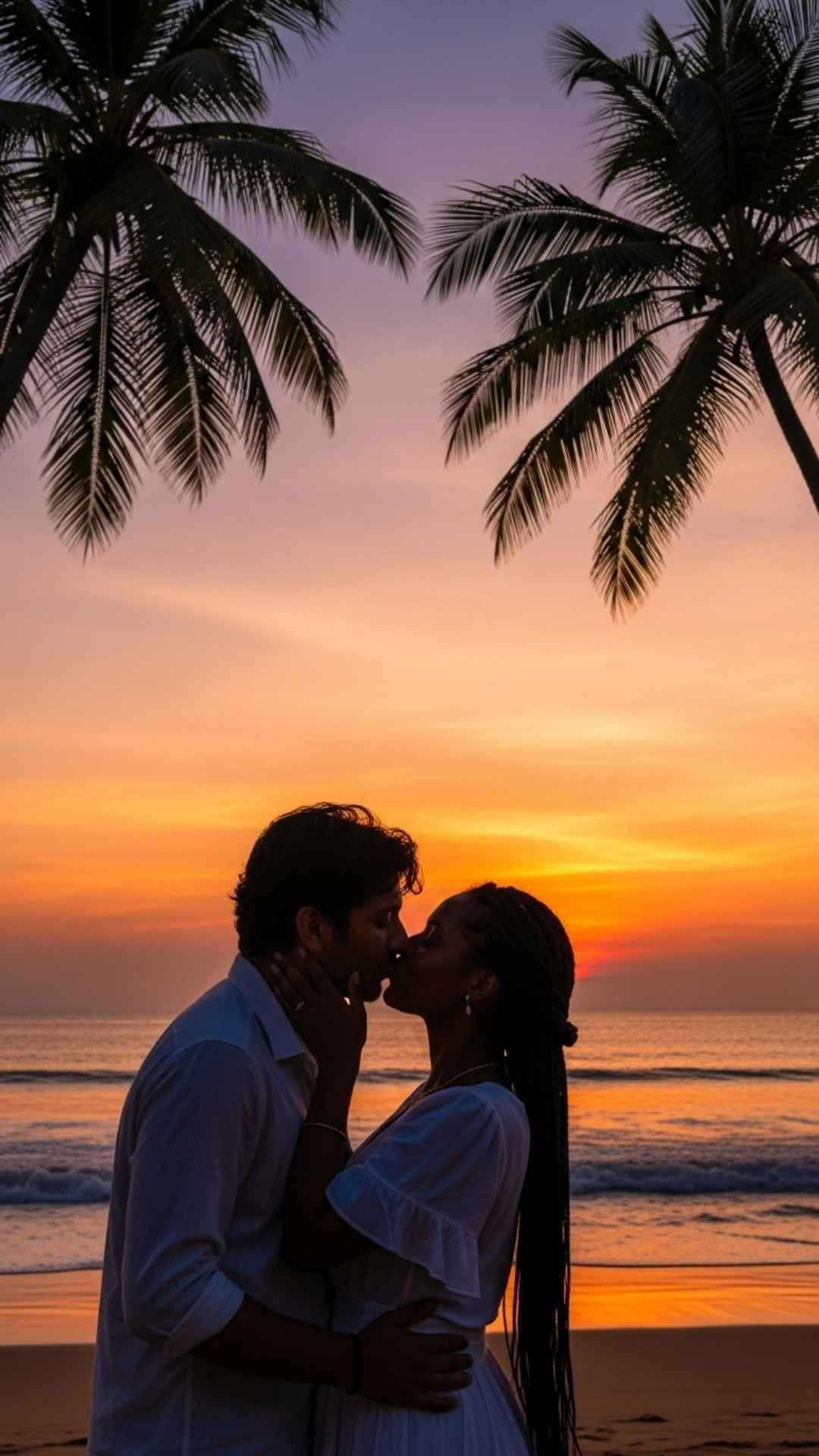 Romantic Indian couple kissing silhouette at Goa beach sunset.