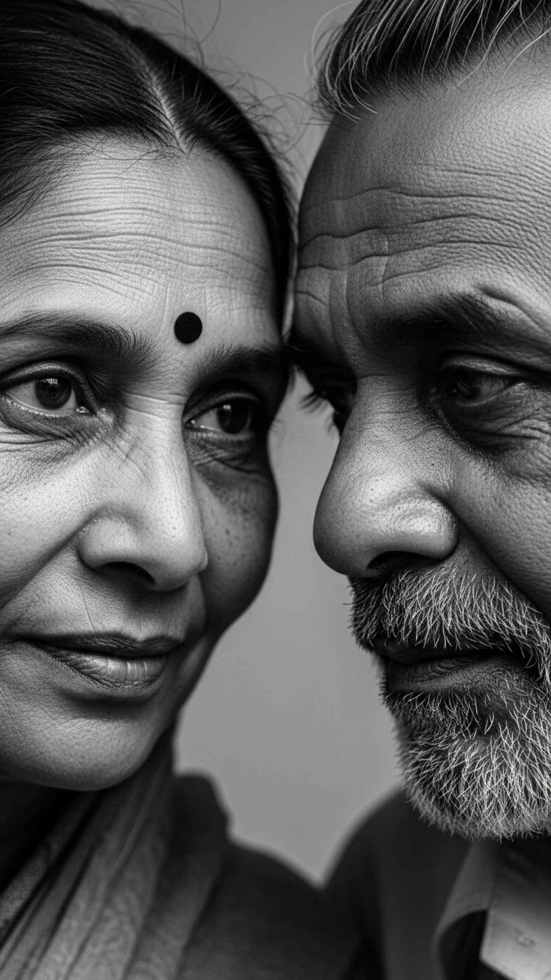 Black and white romantic Indian couple eye contact, subtle jewelry.