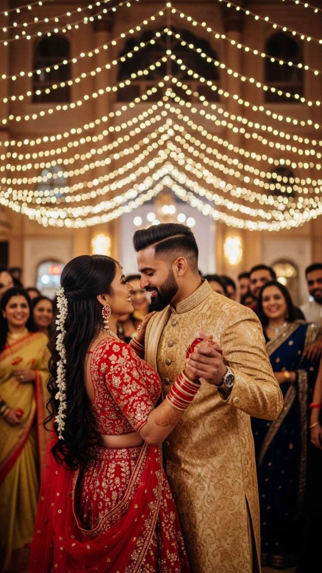 Indian couple slow dancing under festive lights, romantic.