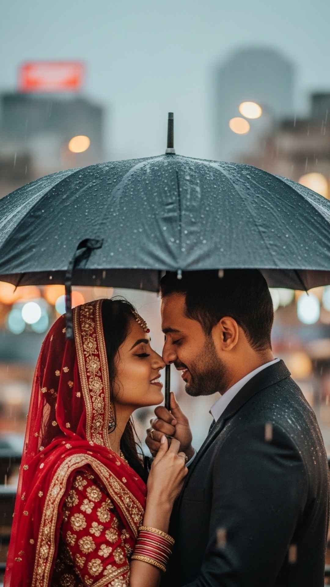 Romantic Indian couple kissing under umbrella in city rain.