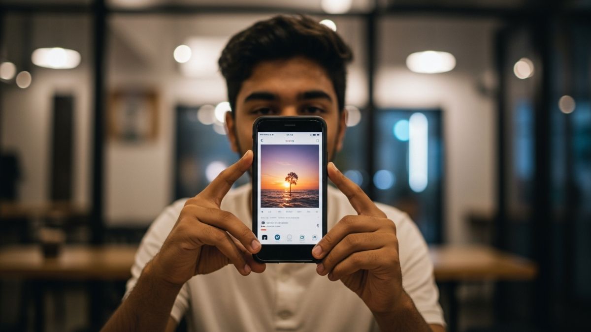 Aesthetic Instagram DP being viewed on a phone during a creative selfie session.