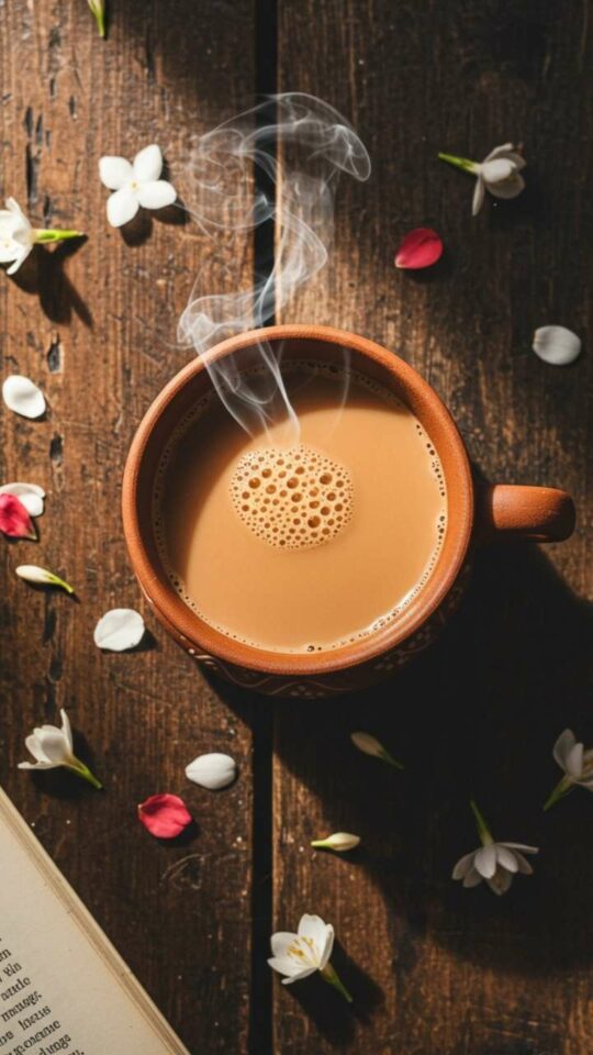 Artistic Instagram DP of a coffee cup flat lay with flowers and a book.
