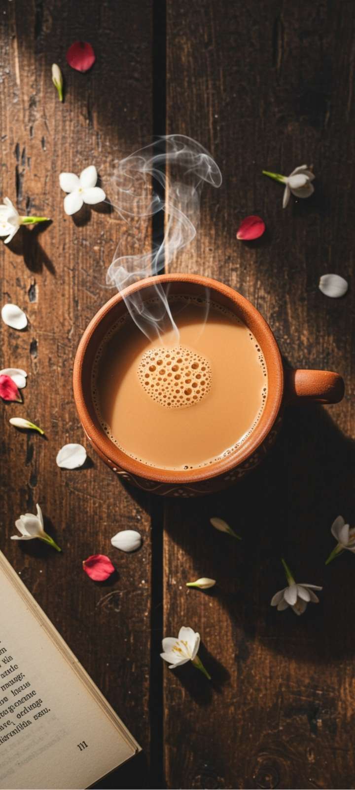 Artistic Instagram DP of a coffee cup flat lay with flowers and a book.