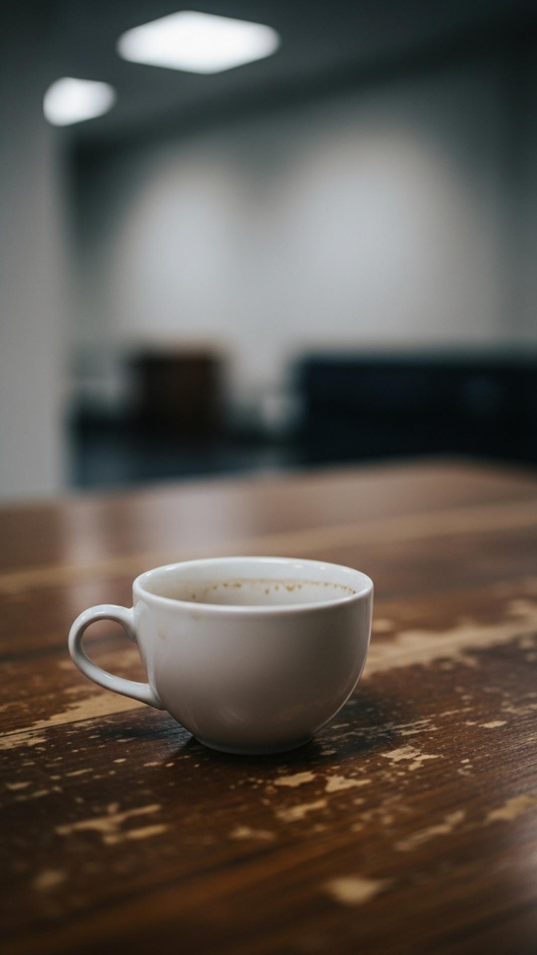A lone tea cup on an empty table in dim light, conveying quiet solitude, introspection, and a sad, pensive mood.
