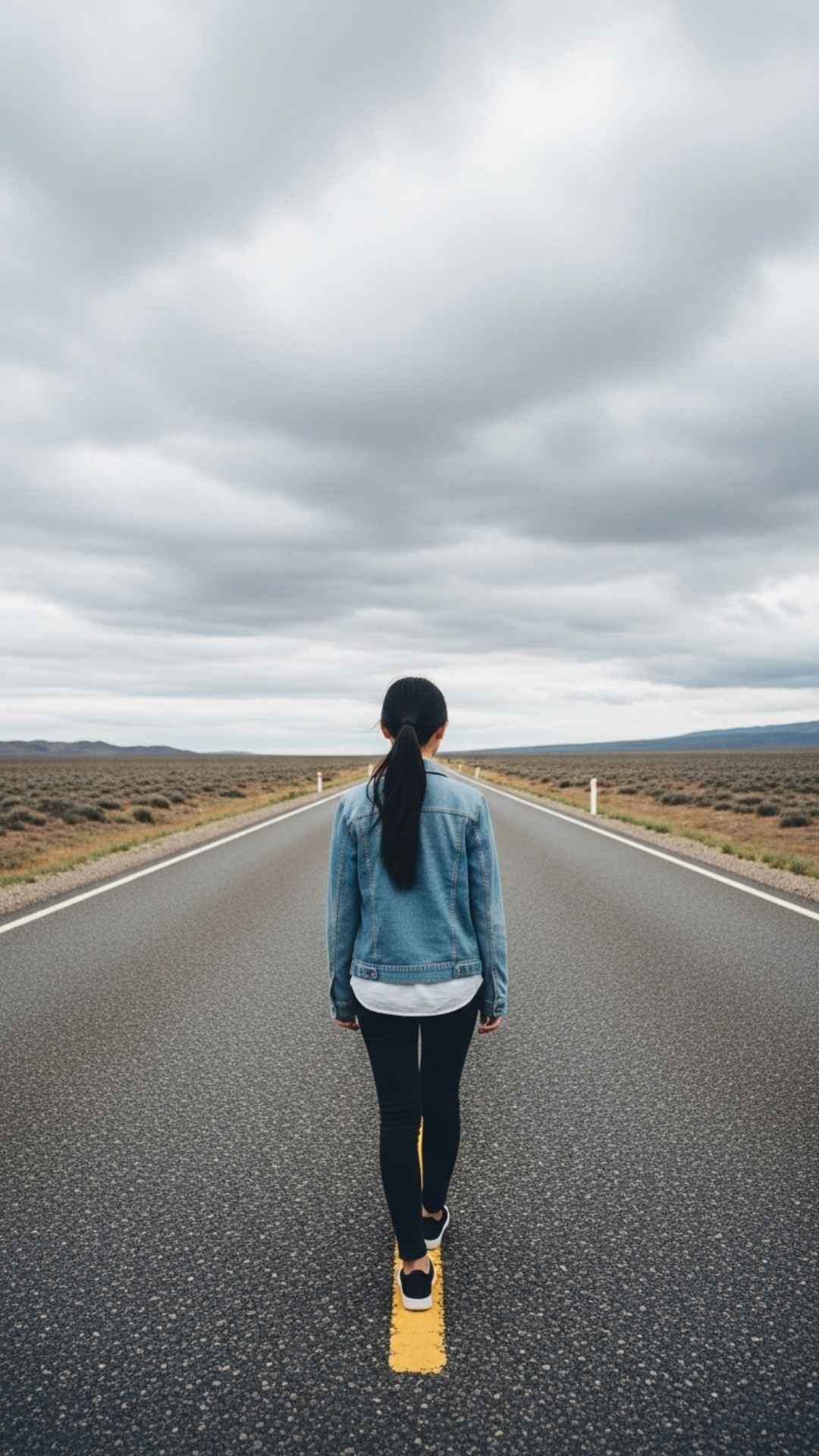 Lone figure walking away on a long, empty road under an overcast sky, representing loneliness and a sense of being lost.