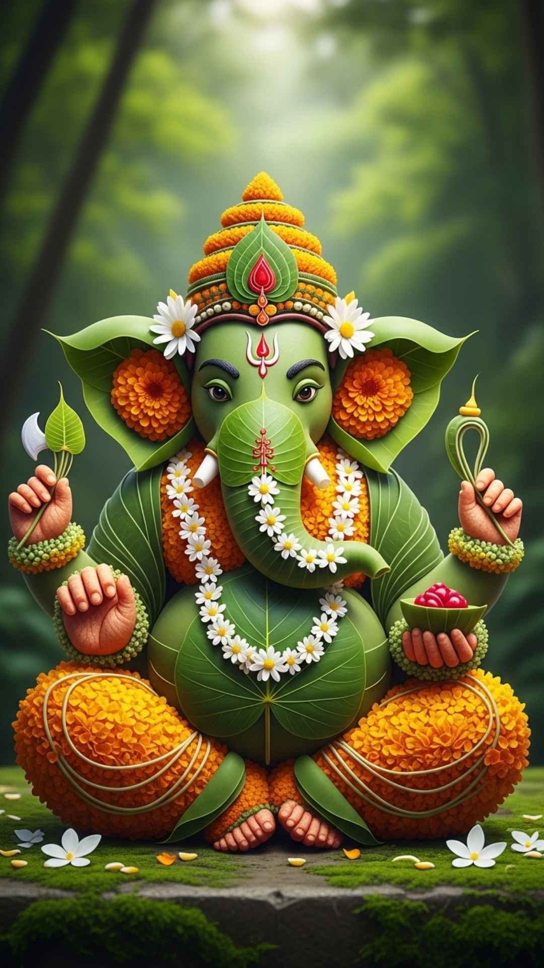 An artistic and auspicious DP of Lord Ganesha created from beautiful flowers and leaves - Lord Ganesha DP Images HD | Majekfilms.com