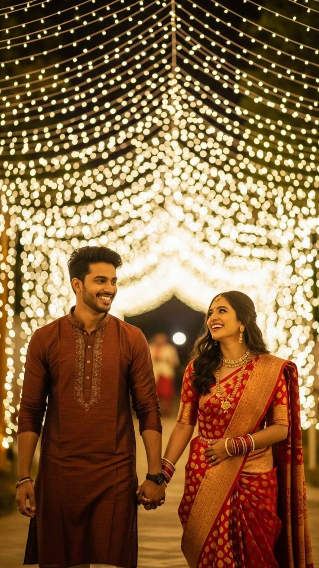 Indian couple celebrating under vibrant festival lights, a joyful love DP.