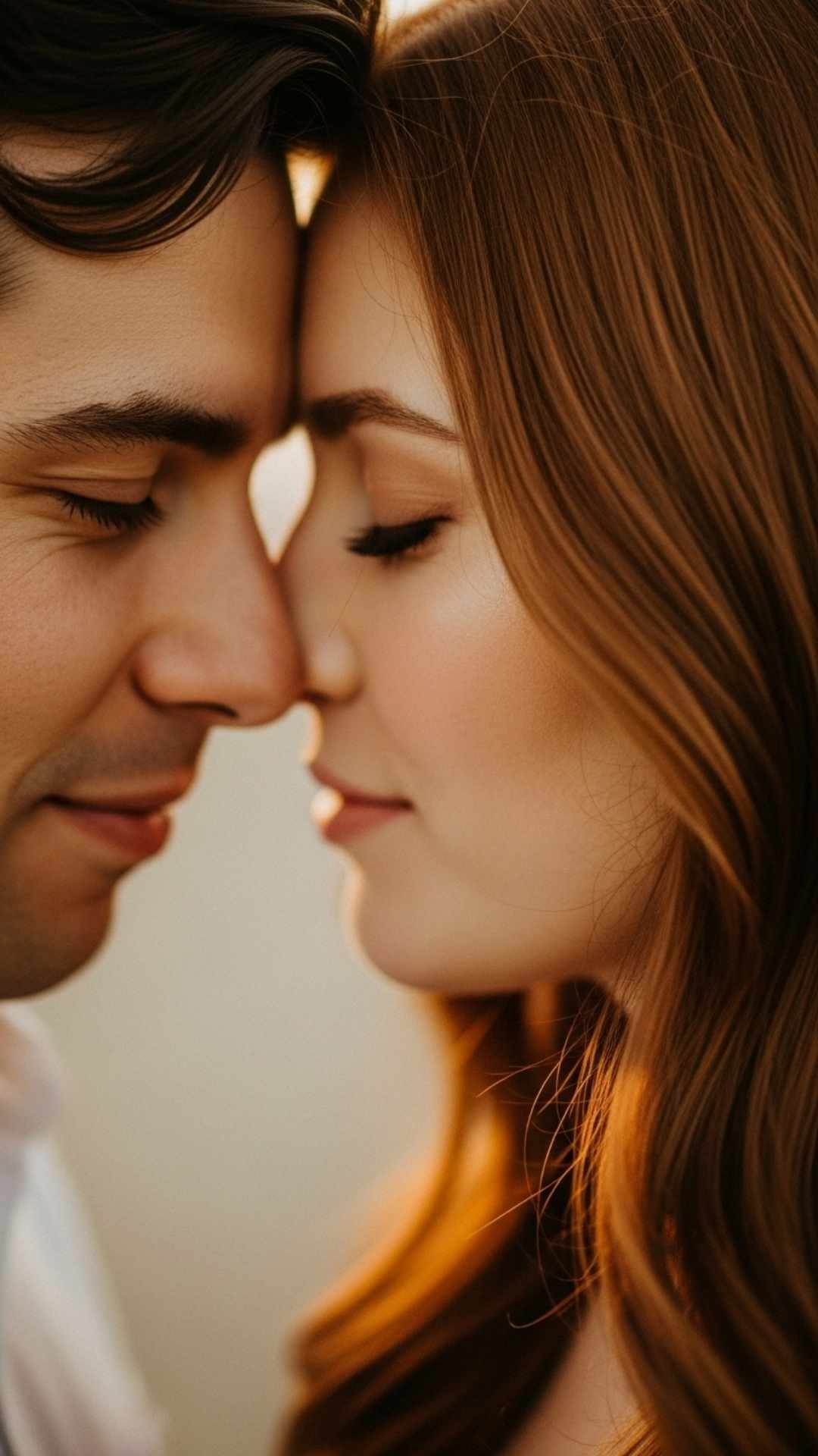 Close-up of a gentle forehead kiss, showing tender affection.