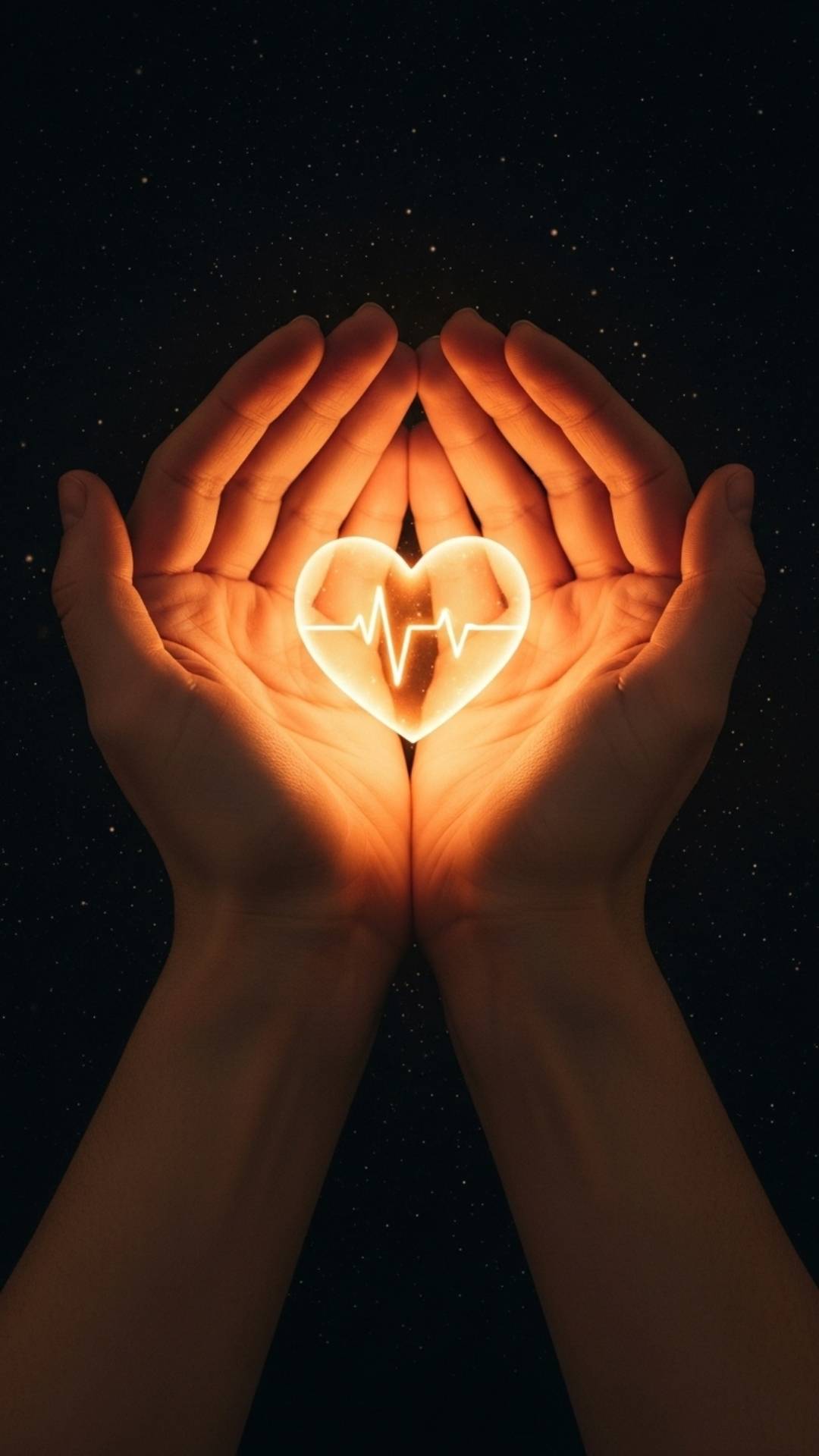 Hands gently holding a glowing heart, symbolizing tender and protected love.