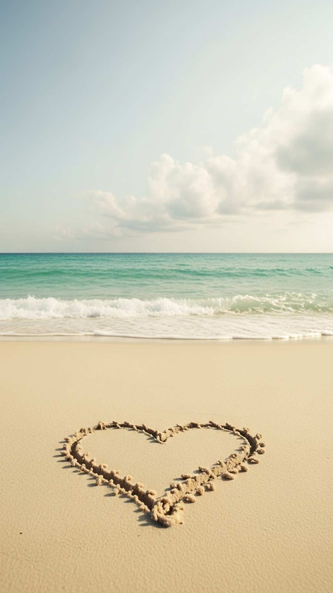 Heart drawn in beach sand with gentle waves, symbolizing boundless love.