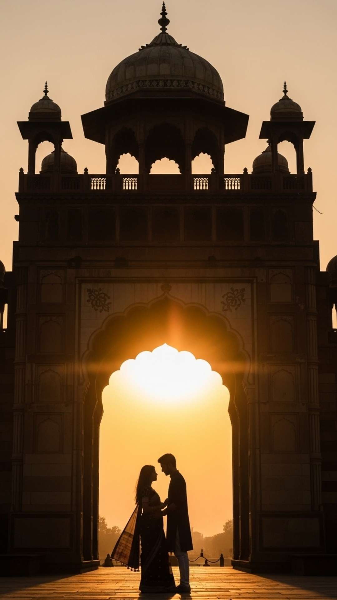 Indian couple silhouettes under a traditional archway, a romantic cultural DP.