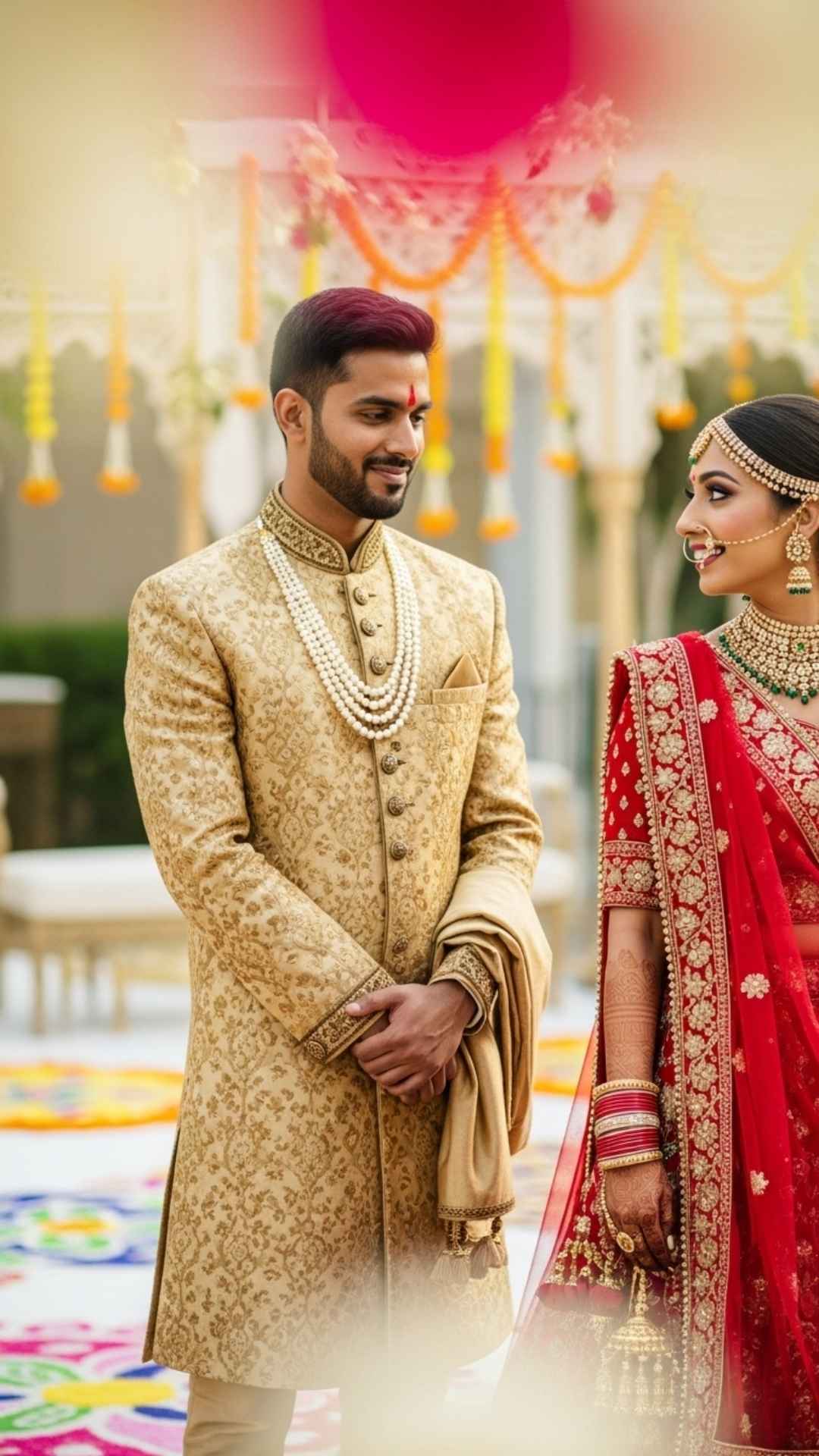 Indian bride and groom's emotional first look in traditional wedding attire.