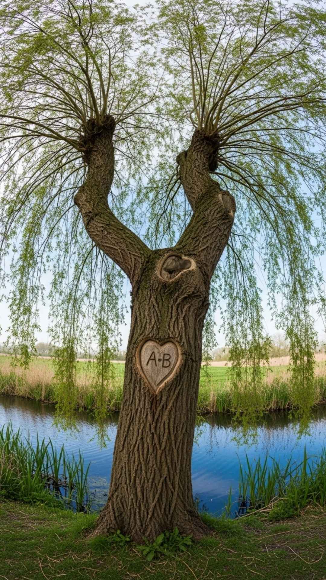 Tree with a heart carved on its trunk, symbolizing enduring love.