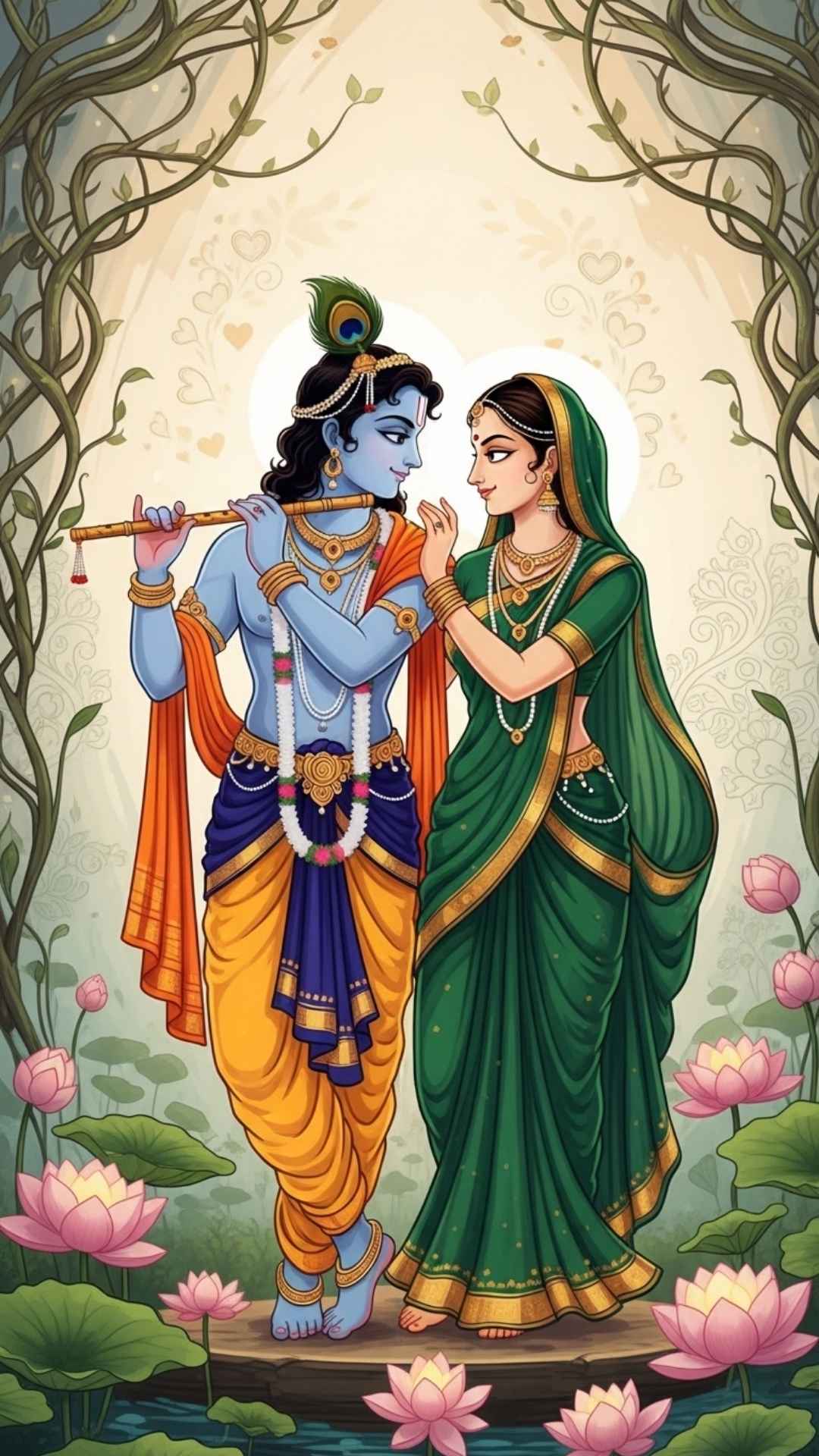 Stylized Radha Krishna image with love elements, a spiritual love DP.