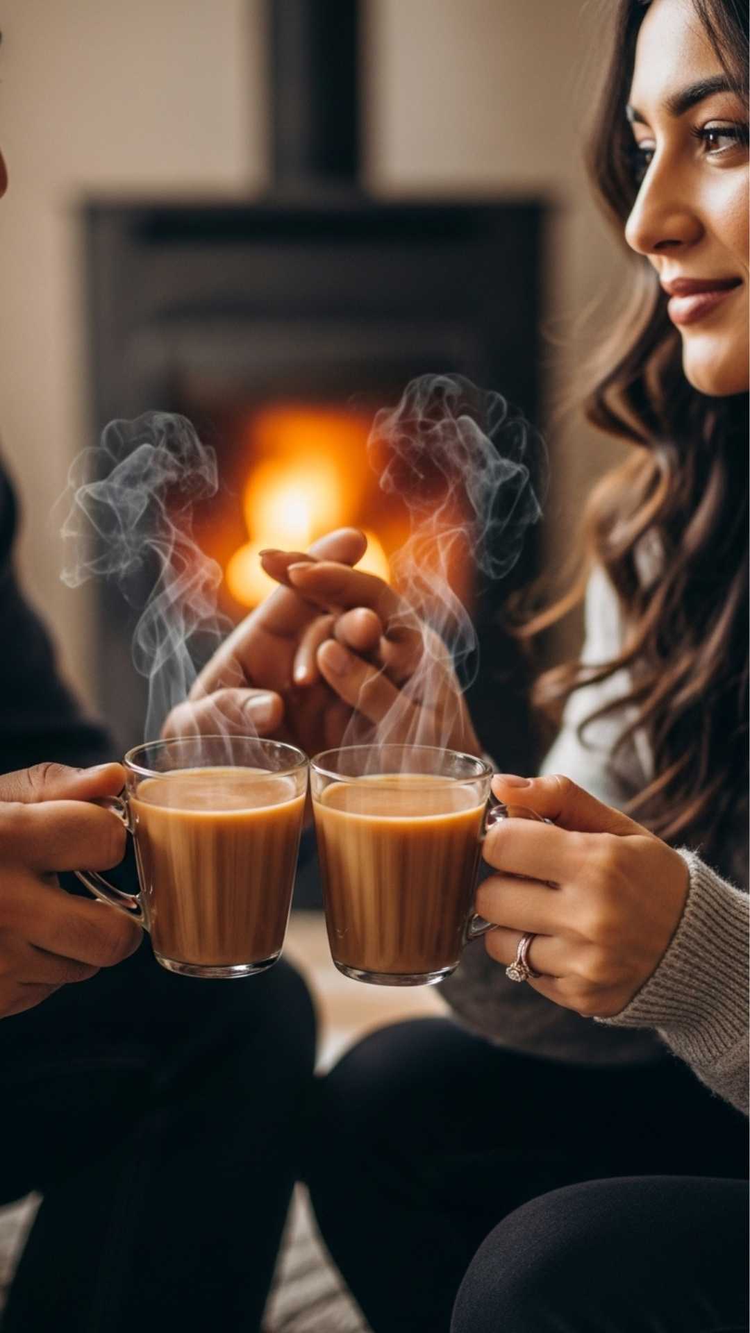 Couple's hands holding chai cups, sharing a warm moment together.