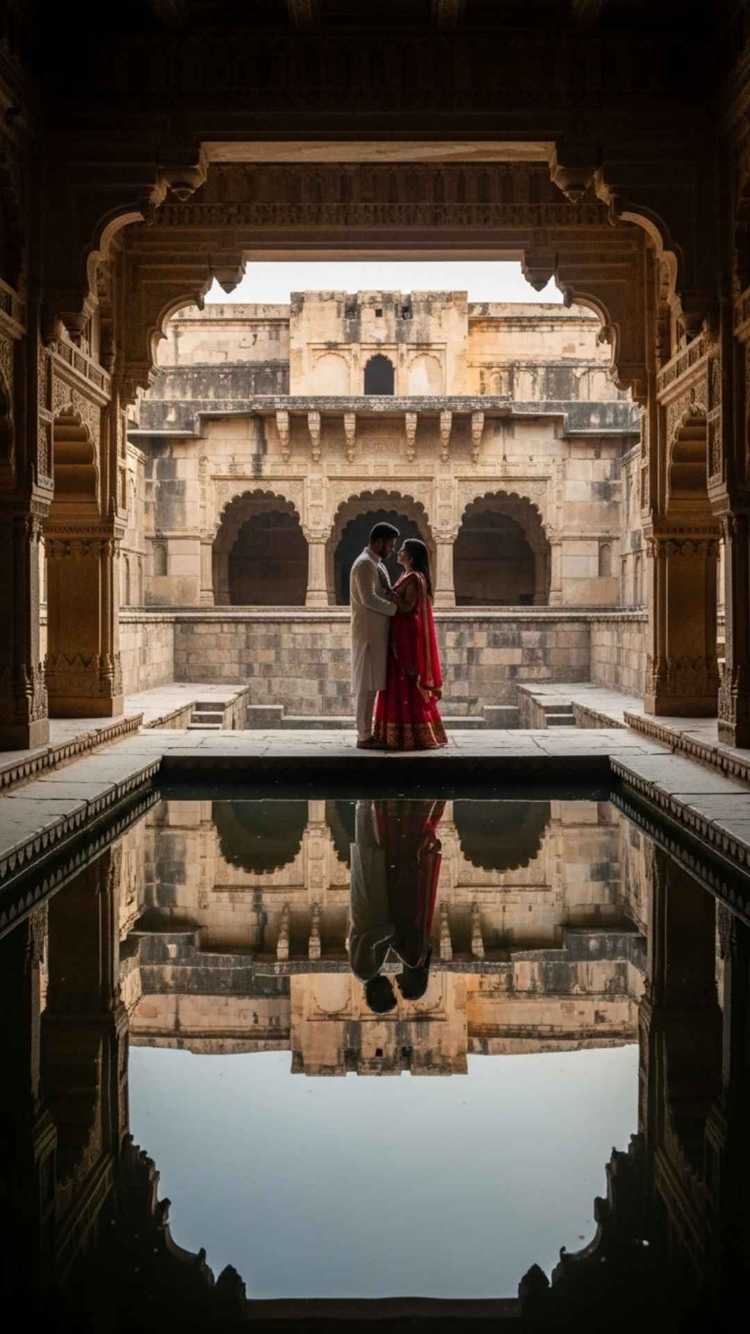 Indian couple embracing reflected in ancient stepwell pool.