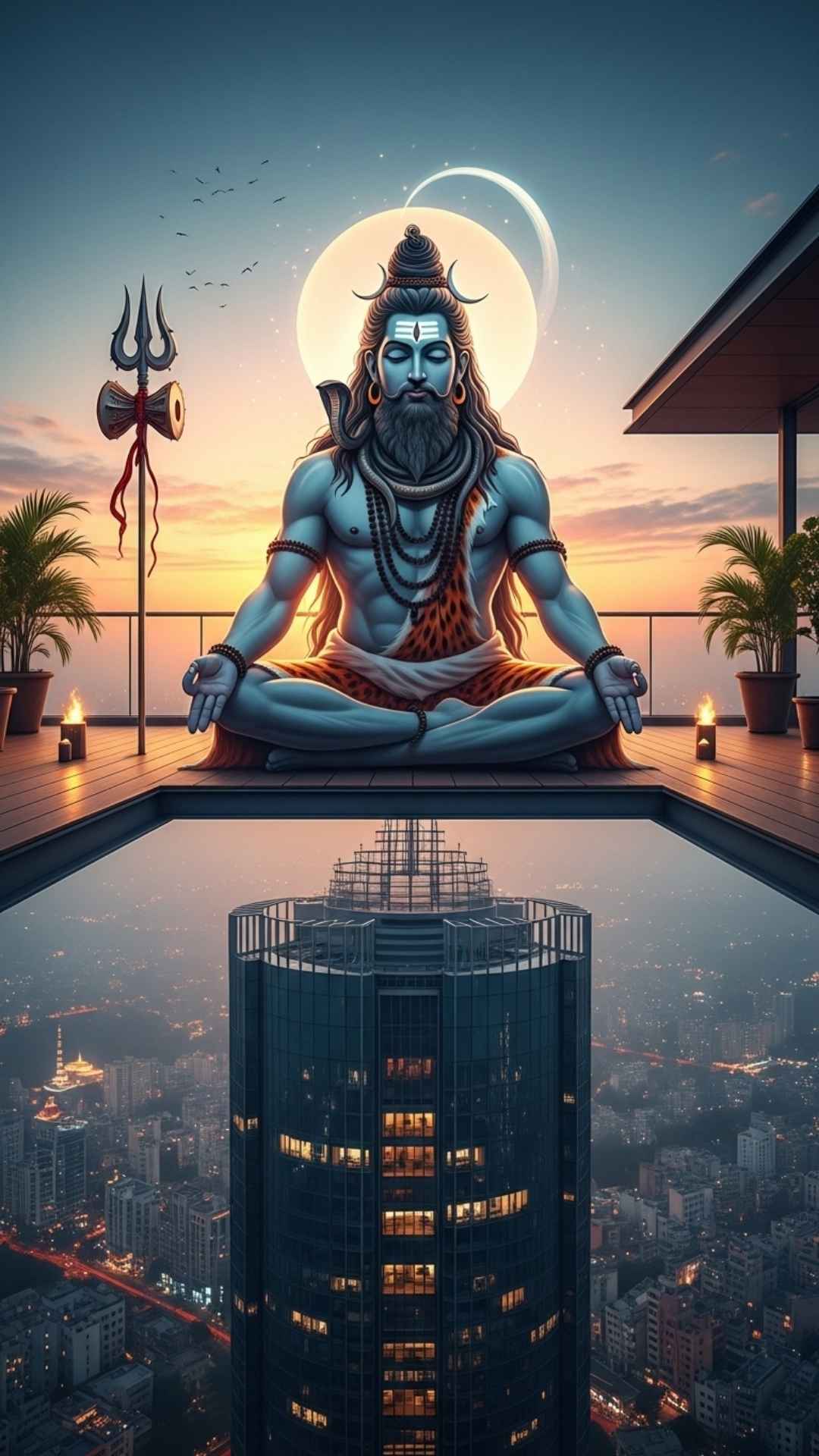 Modern Lord Shiva WhatsApp DP for boys meditating on skyscraper