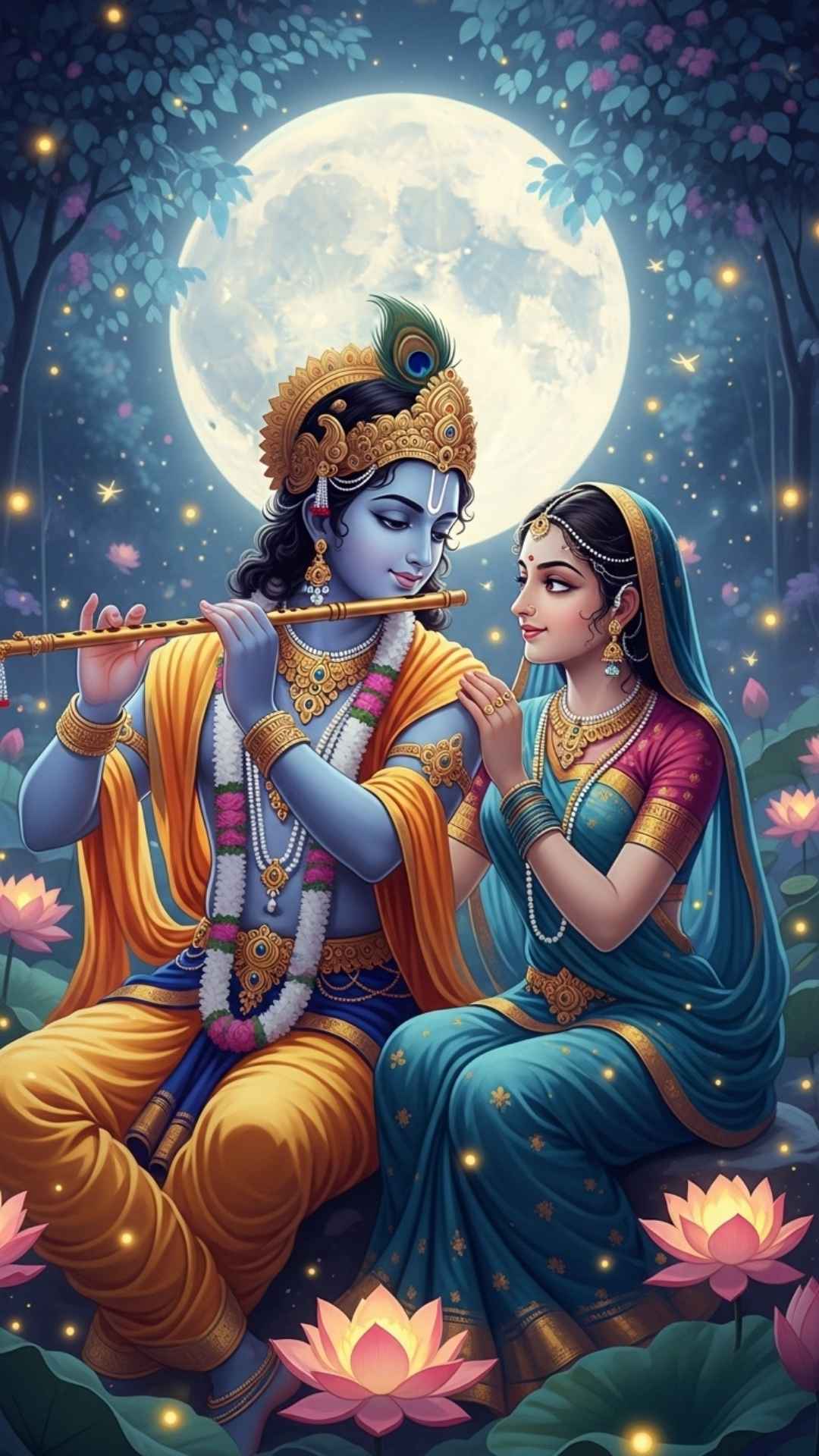A beautiful painterly image of Radha Krishna's divine love in a magical moonlit garden, a romantic religious DP - Radha Krishna Love DP | Majekfilms.com
