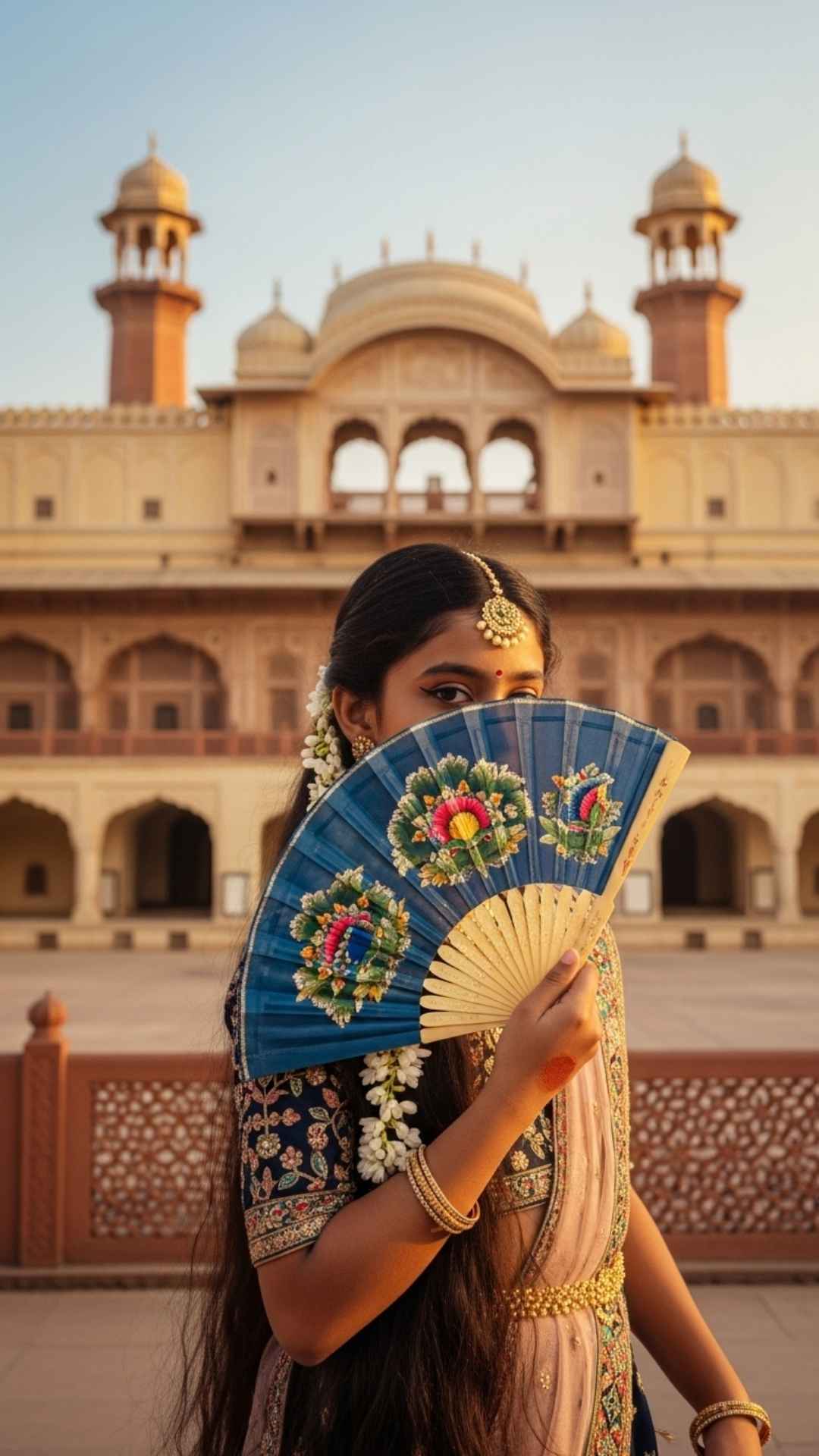 Royal attitude hidden face WhatsApp DP for girls, majestic veiled profile picture, elegant obscured face DP, Indian palace girl image.