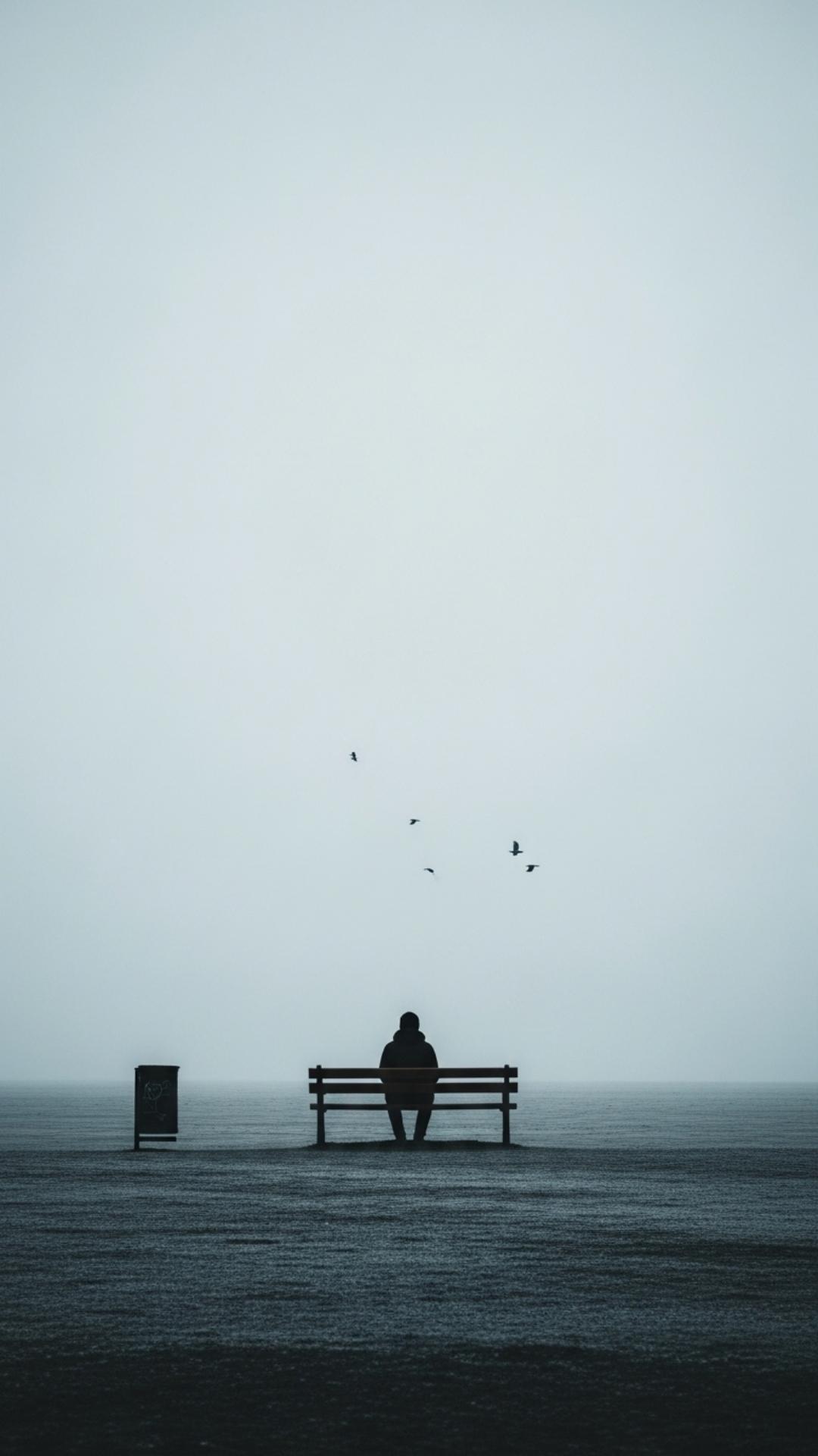 Silhouette of a person sitting alone on an empty park bench under a grey sky, conveying deep loneliness and sadness.